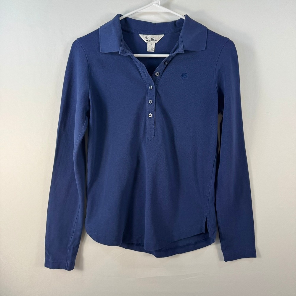 Lilly Pulitzer Womens Navy Blue Pima Cotton Long Sleeve Polo Shirt Size S Palm